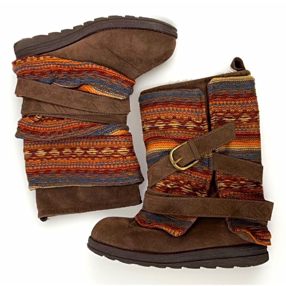 Muk Luks Aztec Southwestern Pull-on Nikki Boots Striped Woven Faux Suede 7 Boho